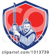 Retro Woodcut Samurai Warrior Holding A Katana In A Blue White And Red Shield