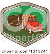 Retro Red Logging Truck Hauling Logs In A Gray Brown White And Green Shield