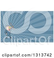 Poster, Art Print Of Cartoon Turkey Bird Worker Mechanic Man Holding Up A Wrench And Blue Rays Background Or Business Card Design