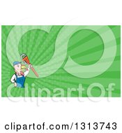 Poster, Art Print Of Cartoon Turkey Bird Plumber Worker Man Holding Up A Monkey Wrench And Green Rays Background Or Business Card Design