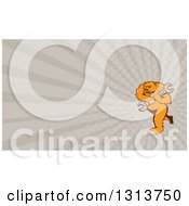 Poster, Art Print Of Cartoon Grizzly Bear Mechanic Mascot Carrying A Giant Wrench And Taupe Rays Background Or Business Card Design