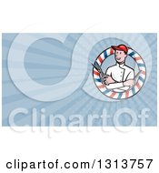 Poster, Art Print Of Cartoon Male Barber With Scissors And A Comb In A Circle And Blue Rays Background Or Business Card Design
