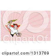 Poster, Art Print Of Cartoon Male Electrician Holding A Lightning Bolt And Pink Rays Background Or Business Card Design