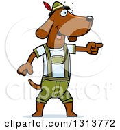 Poster, Art Print Of Cartoon Skinny German Oktoberfest Dachshund Dog Wearing Lederhosen And Pointing To The Right