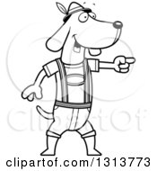 Poster, Art Print Of Cartoon Black And White Skinny German Oktoberfest Dachshund Dog Wearing Lederhosen And Pointing To The Right