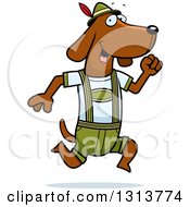 Poster, Art Print Of Cartoon Skinny German Oktoberfest Dachshund Dog Wearing Lederhosen And Running To The Right