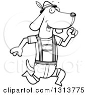 Poster, Art Print Of Cartoon Black And White Skinny German Oktoberfest Dachshund Dog Wearing Lederhosen And Running To The Right