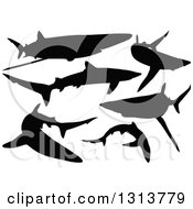 Poster, Art Print Of Black Silhouetted Swimming Blue Sharks