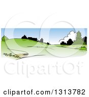 Poster, Art Print Of Green Spring Time Hilly Landscape With Silhouetted Buildings And Blue Sky