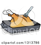Cartoon Roasted Turkey With A Fork In A Pan
