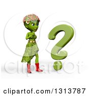 Poster, Art Print Of 3d Green Nature Woman Wearing Leaves And Flowers Thinking By A Question Mark