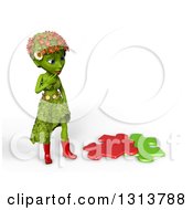 Clipart Of A 3d Green Nature Woman Wearing Leaves And Flowers Thinking By Puzzle Pieces Royalty Free Illustration by Michael Schmeling