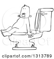 Outline Clipart Of A Cartoon Black And White Baby Boy Sitting On A Toilet Royalty Free Lineart Vector Illustration