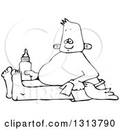 Outline Clipart Of A Cartoon Black And White Baby Boy Sitting With A Blanket And Bottle Royalty Free Lineart Vector Illustration