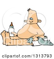 Clipart Of A Cartoon White Baby Boy Sitting With A Blanket And Bottle Royalty Free Vector Illustration