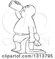 Outline Clipart Of A Cartoon Black And White Baby Boy Standing With A Blanket And Drinking From A Bottle Royalty Free Lineart Vector Illustration