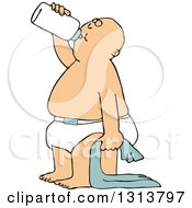 Cartoon White Baby Boy Standing With A Blanket And Drinking From A Bottle