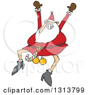 Cartoon Christmas Santa Claus Jumping With A Candy Cane And Ornaments Between His Legs