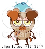 Poster, Art Print Of Cartoon Sick Brown Dog Character With A Thermometer And Ice Pack