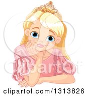 Clipart Of A Happy Blond Blue Eyed Caucasian Princess With A Dreamy Expression Resting Her Chin In Her Hand Royalty Free Vector Illustration