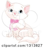 Clipart Of A Cute Blue Eyed White Cat Wearing A Pink Bow And Lifting A Paw Royalty Free Vector Illustration