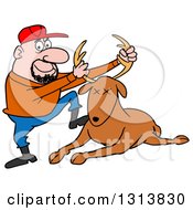 Cartoon Caucasian Male Hunter Holding Up A Deer Stag By The Antlers