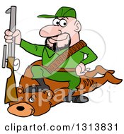 Cartoon Caucasian Male Hunter Sitting On A Bear With A Boot On The Neck