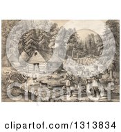 Poster, Art Print Of Historical Lithograph Scene Of Pioneer Hunters And Dogs Approaching A Western Frontier Home And Family By A Stream