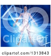 Poster, Art Print Of 3d Medical Anatomical Male With Visible Muscles Over A Blue Burst And Dna Strand