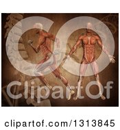 Clipart Of 3d Medical Anatomical Men With Visible Muscles Standing And Running Over A Vintage DNA Background Royalty Free Illustration by KJ Pargeter