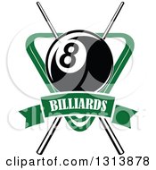 Poster, Art Print Of Billiard Eightball Over Crossed Cue Sticks And A Green Rack With A Text Banner