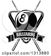 Poster, Art Print Of Black And White Billiard Eightball Over Crossed Cue Sticks And A Rack With A Text Banner