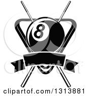 Black And White Billiard Eightball Over Crossed Cue Sticks And A Rack With A Blank Banner