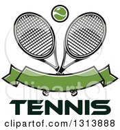 Poster, Art Print Of Crossed Tennis Rackets With A Ball Over A Blank Green Banner And Text