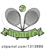 Poster, Art Print Of Crossed Tennis Rackets With A Ball Over A Blank Green Banner