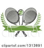 Poster, Art Print Of Crossed Tennis Rackets With A Ball Branches And A Blank Green Banner