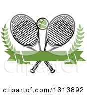 Poster, Art Print Of Crossed Tennis Rackets With A Ball Branches And A Blank Green Banner 2