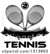 Poster, Art Print Of Crossed Black And White Tennis Rackets With A Ball Over A Blank Banner And Text