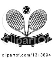 Poster, Art Print Of Crossed Black And White Tennis Rackets With A Ball Over A Blank Banner