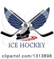 Blue Winged Ice Hockey Skate With Crossed Sticks Over Text