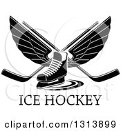 Poster, Art Print Of Black And White Winged Ice Hockey Skate With Crossed Sticks Over Text