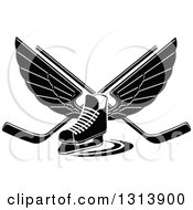 Black And White Winged Ice Hockey Skate With Crossed Sticks
