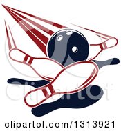 Clipart Of A Navy Blue Bowling Ball Knocking Down Red And White Pins Royalty Free Vector Illustration