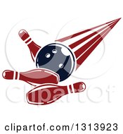 Clipart Of A Navy Blue Bowling Ball Knocking Down Red And White Pins 2 Royalty Free Vector Illustration