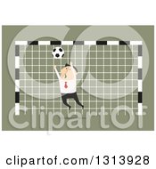 Poster, Art Print Of Flat Design White Businessman Trying To Block A Soccer Ball In A Goal Net Over Green