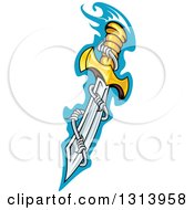 Sharp Dagger Blade With Barbed Wire Over Blue