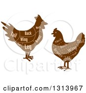 Poster, Art Print Of Brown Silhouetted Chickens With Cuts Of Poultry Meat And Text