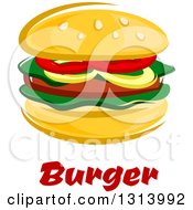 Poster, Art Print Of Cartoon Hamburger With Veggies Over Red Text