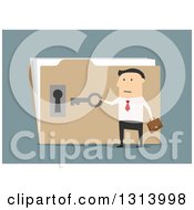 Poster, Art Print Of Flat Design White Businessman Opening A Confidential Folder On Blue