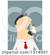 Poster, Art Print Of Flat Design White Businessman Having A Tiny Dentist Check Out His Mouth Over Blue